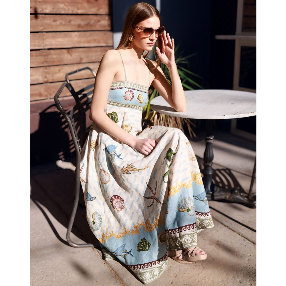 ALEMAIS + Sam Pauletto Bath House printed smocked linen midi dress US 2 - Picture 9 of 11